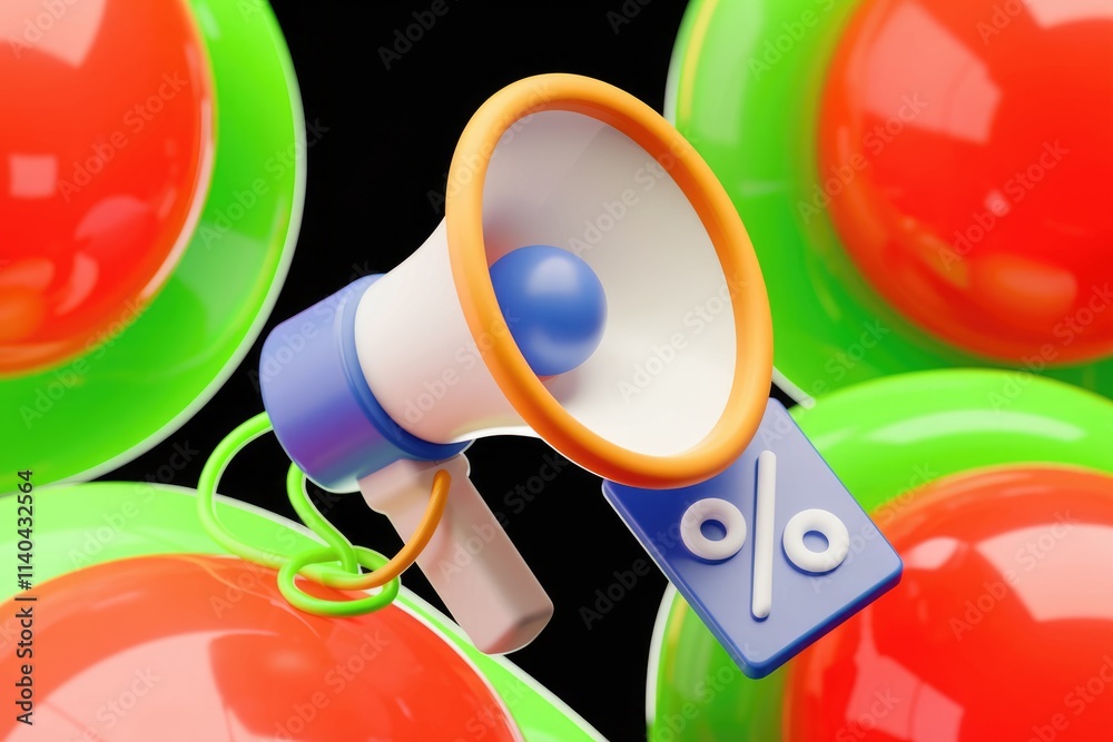 Poster 3d rendered image of a megaphone announcing a percentage discount surrounded by colorful spheres.