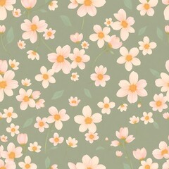 Delicate Floral Pattern: A charming and delicate floral pattern featuring soft pink flowers and green leaves on a sage green background.