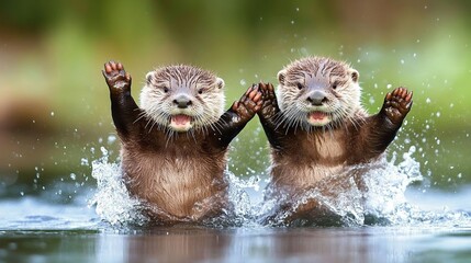 Obraz premium Two playful otters rising from water, splashing.
