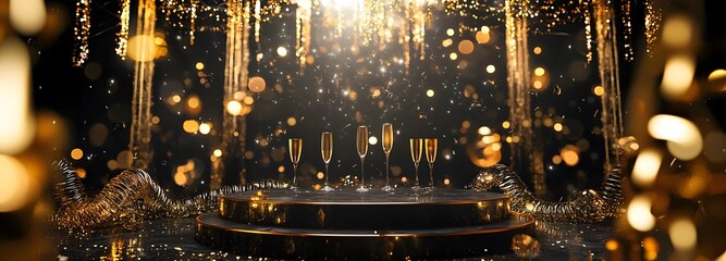 A festive podium surrounded by black and gold streamers, illuminated by bright lights and with champagne flutes ready for the New Year is toast