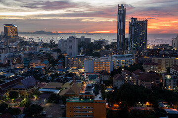 Sunset view from the 22nd floor of a condominium in Pattaya town Chonburi district Thailand Asia