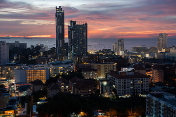 Sunset view from the 22nd floor of a condominium in Pattaya town Chonburi district Thailand Asia