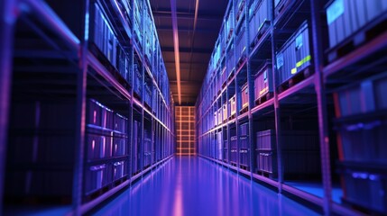 A dimly lit data storage facility featuring rows of shelves filled with boxes, highlighted by a vibrant purple and blue glow.