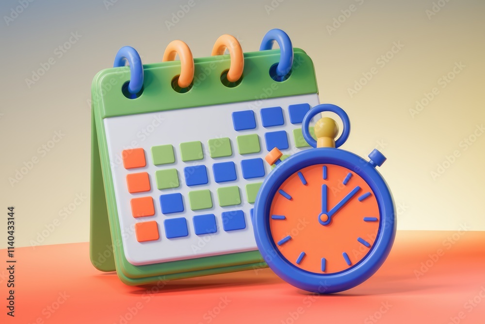 Poster A 3D rendering of a calendar and stopwatch symbolizes time management and scheduling.