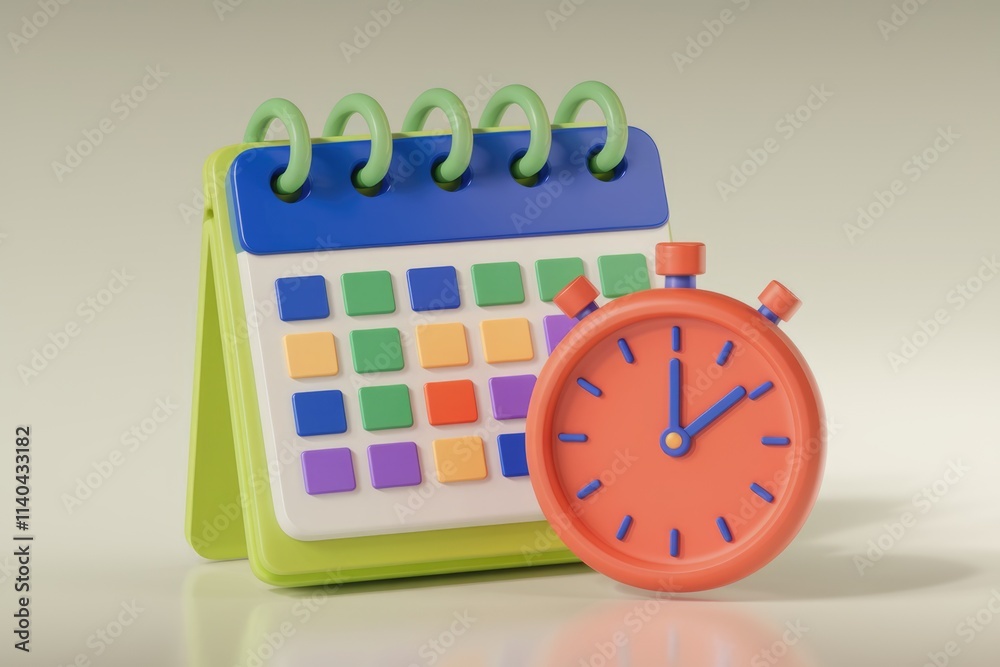 Poster colorful calendar and stopwatch symbolize time management and scheduling.