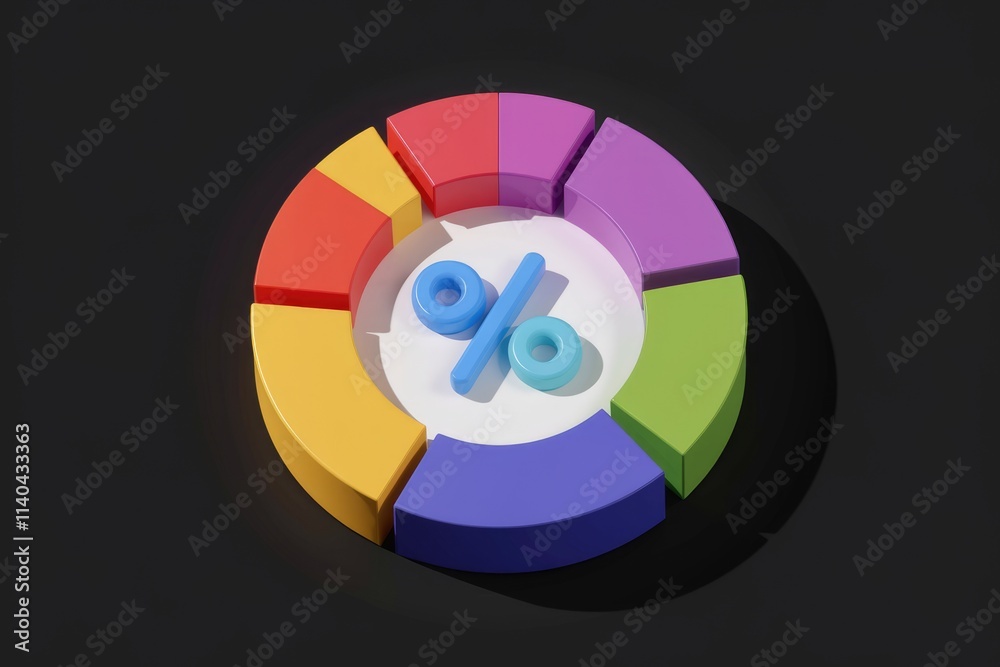 Poster colorful pie chart with percentage symbol illustrates data distribution.