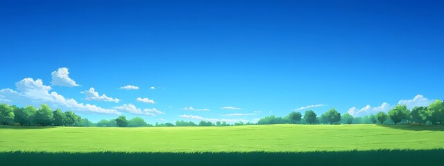 Cute cartoon vector-style landscape view of green fields with a blue sky, simple flat design