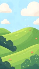 Obraz premium Cute cartoon vector-style landscape view of green fields with a blue sky, simple flat design