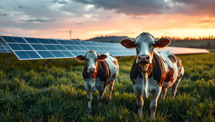 Cows In The Field Next To Solar Panels. Concept Of Agrivoltaic Energy, Colored gel lighting, with white tones