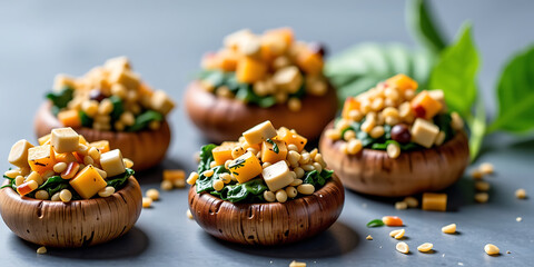 Vegan Stuffed Mushrooms - Mushrooms stuffed with a flavorful mixture of quinoa spinach and herbs. backdrop background digital art crisp oilpinting minimalist sharp details funny background copyspace