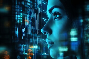 Woman Glowing in Futuristic Data Network