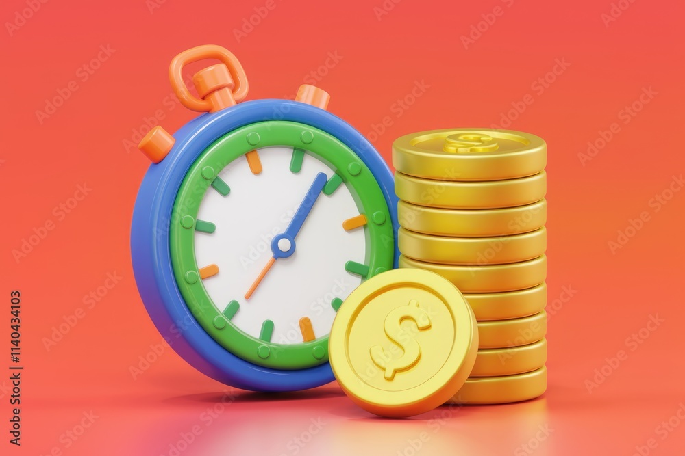 Poster a colorful stopwatch and a stack of gold coins represent the concept of time is money.