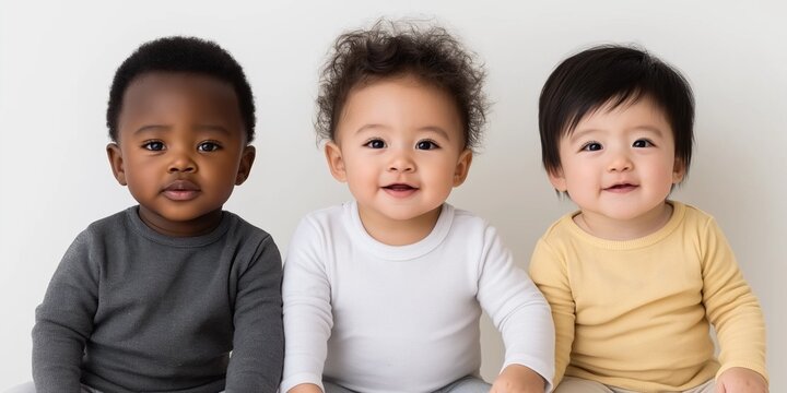 Three babies sit on a table, smiling at the camera. The babies are of different races, with one being black, one being white, and one being Asian. The scene is warm and friendly