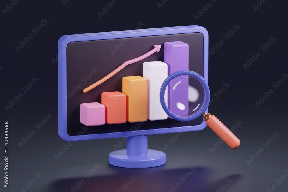 Poster Analyzing growth with magnified bar graph on computer monitor.