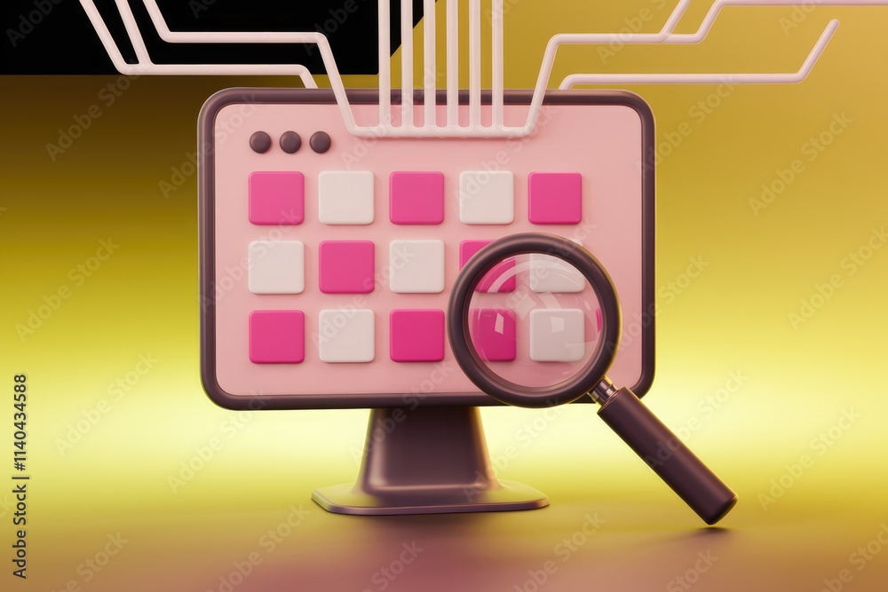 Poster Magnifying glass on computer screen for data analysis.