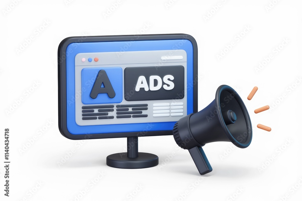 Poster 3d rendering of online advertisement announcement using megaphone.