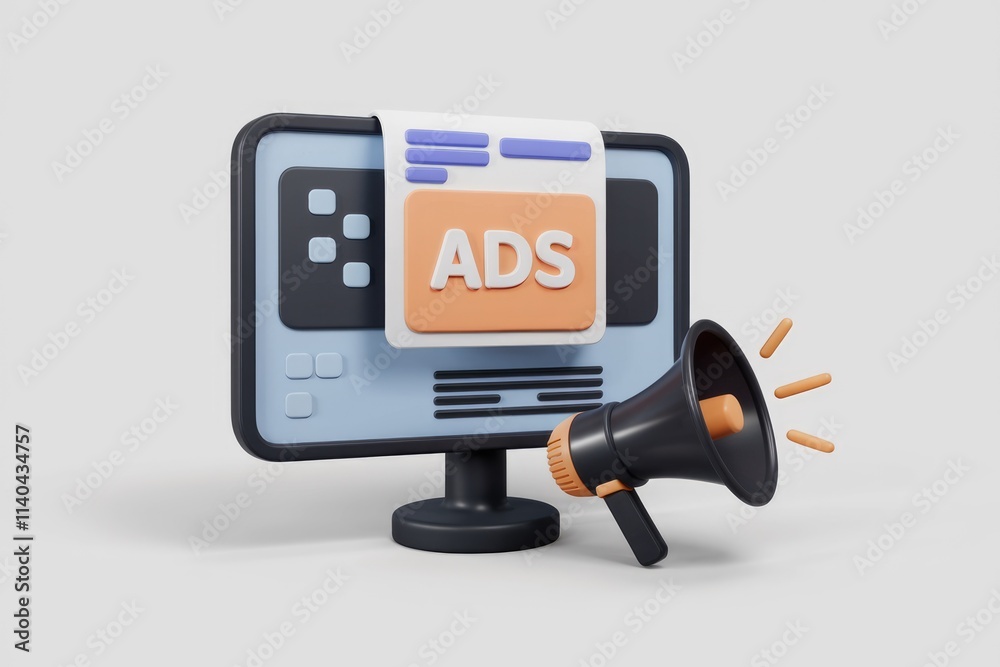 Poster 3d online ad on computer screen with megaphone promotion.