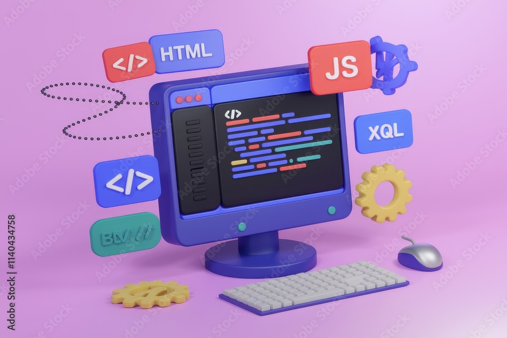Aufkleber 3D illustration of web development with coding languages and computer.