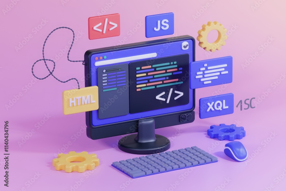 Poster 3D illustration of web development tools on computer screen