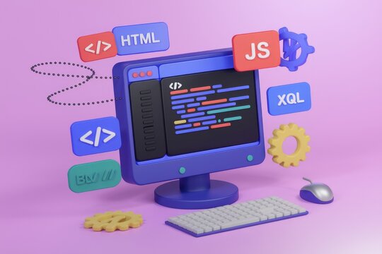 3D illustration of web development with coding languages and computer.
