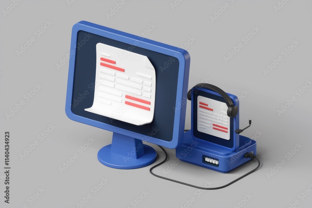 Poster 3d illustration of computer and headset for online support.