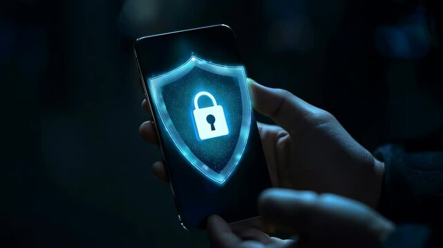 A person is holding a cell phone with a blue lock symbol on it. Concept of security and protection, as the lock symbolizes the phone's ability to keep information safe and private