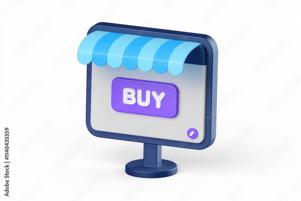 Poster 3D render of online store interface with awning and 'BUY' button  signifying online shopping.