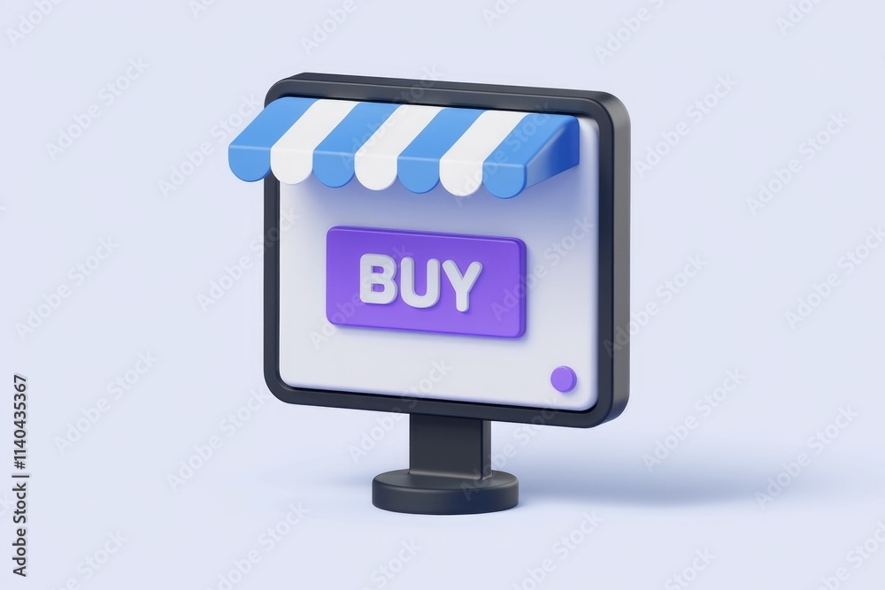 Poster 3d render of an online store with a buy button and striped awning.