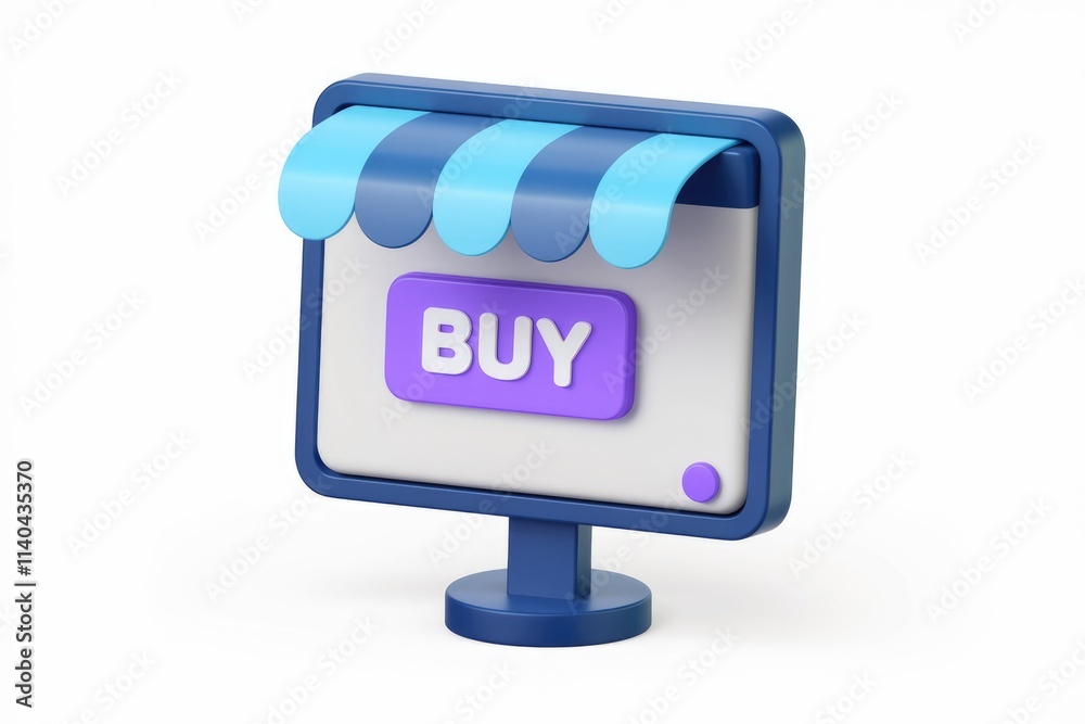 Aufkleber 3D render of online store interface with awning and 'BUY' button.