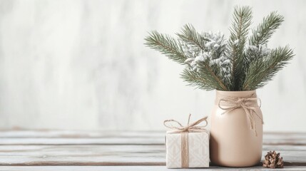 Fototapeta premium Scandinavian style gift scene with pine branches in a vase for minimalist winter decor