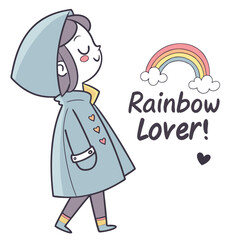 Cute Cartoon Character with Hoodie Enjoying Nature and a Rainbow in a Cheerful Atmosphere