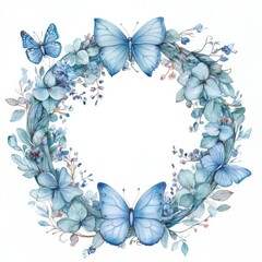 Watercolor Wreath with Blue Butterflies and Flowers