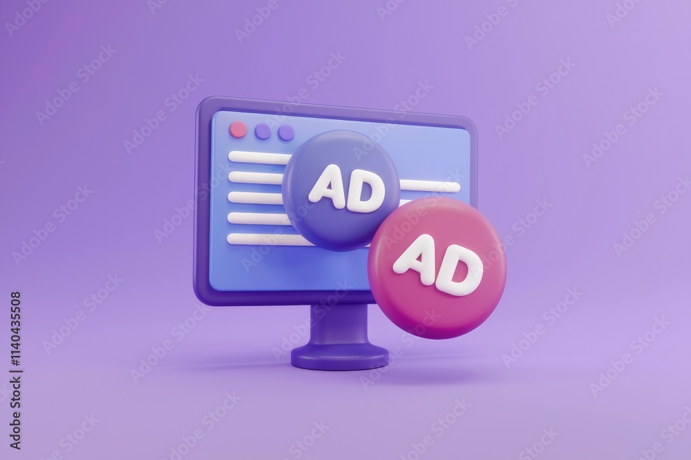 Poster 3d render of online advertising showcasing ads popping out from a computer screen.