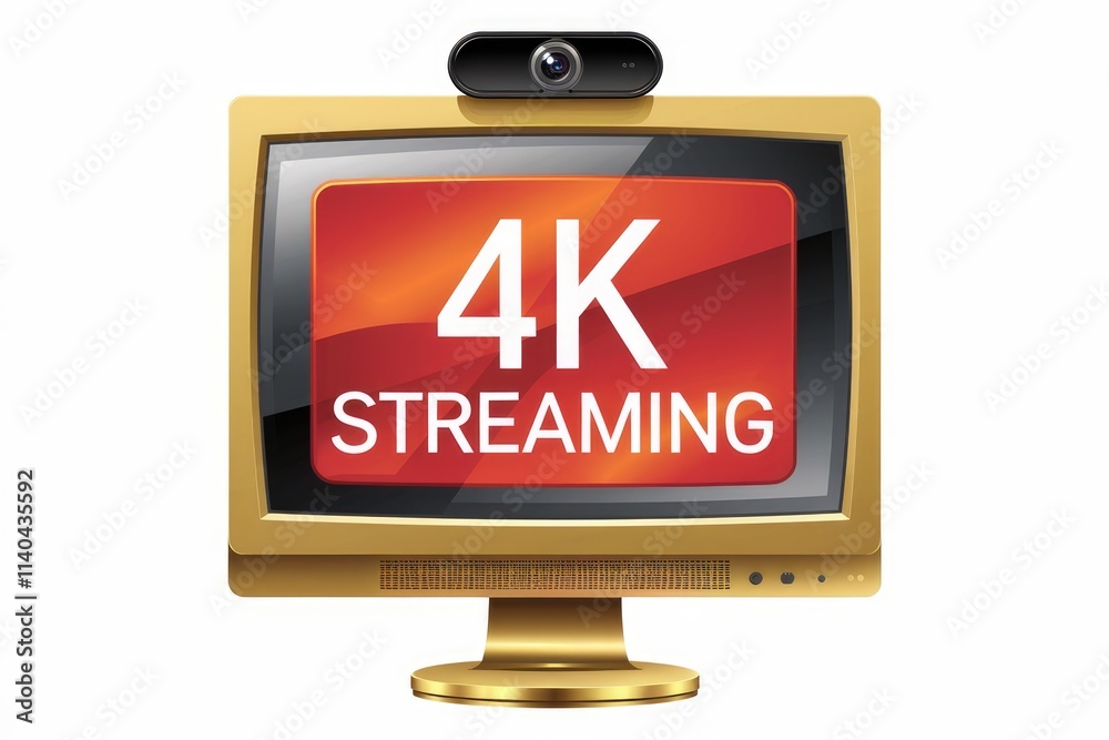 Poster gold computer monitor displays 4k streaming with a webcam on top.
