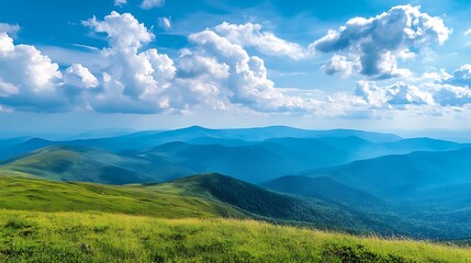 Green hills softly unfold under cloudy blue sky wide shot photo. AI Generated