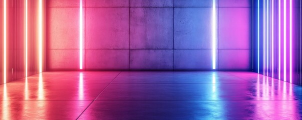 Futuristic Interior with Glossy Concrete Surfaces and Science Fiction Lighting Panels. Modern Tech Background.