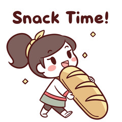 Cute Cartoon Character Enjoying a Delicious Bread Snack with Cheerful Expression