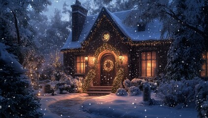 Cozy Christmas cottage at night, snow falling, warm lights.
