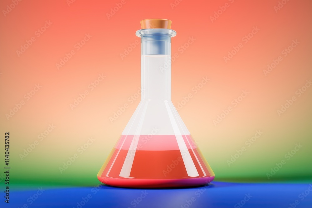 Poster a glass erlenmeyer flask filled with a reddish liquid sits on a colorful background.