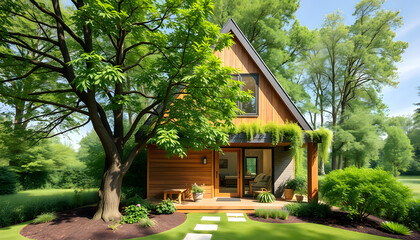 green eco home wood material with garden green plant tree around the building, living with nature for saving energy cooling house, one line art, with white tones