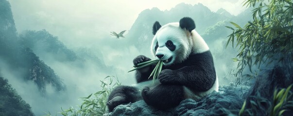 Obraz premium Giant panda munching bamboo, detailed black and white fur, misty mountain landscape