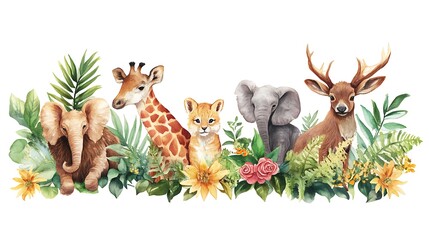 Fototapeta premium Adorable Watercolor Safari Animals Amidst Lush Tropical Foliage. AI Generated