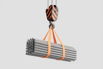 A crane hook lifts a bundle of metal pipes secured with orange straps.