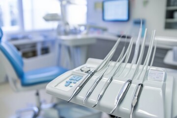 A set of dental tools arranged neatly on a tray in a modern dental office.