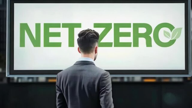 A man is looking at a large billboard that says Net Zero. The man is wearing a suit and tie ESG Environmental, social, and governance, carbon reduction net zero and climate change
