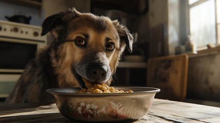 photo a mongrel dog happily eating its kibble, surrounded by a comfortable and homey environment