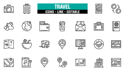 Set of 25 line icons travel. Editable stroke. Vector illustration