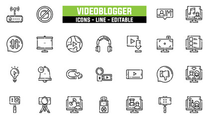 Set of 25 line icons videoblogger. Editable stroke. Vector illustration