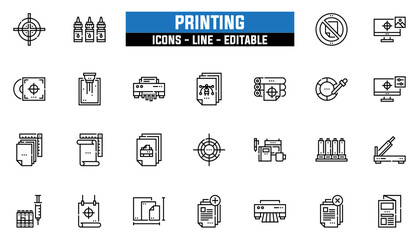 Set of 25 line icons printing. Editable stroke. Vector illustration