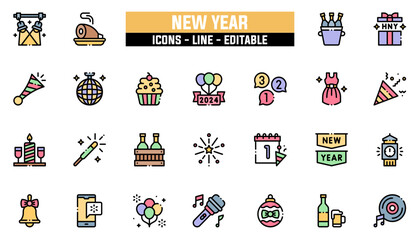 Set of 25 line icons new year. Editable stroke. Vector illustration